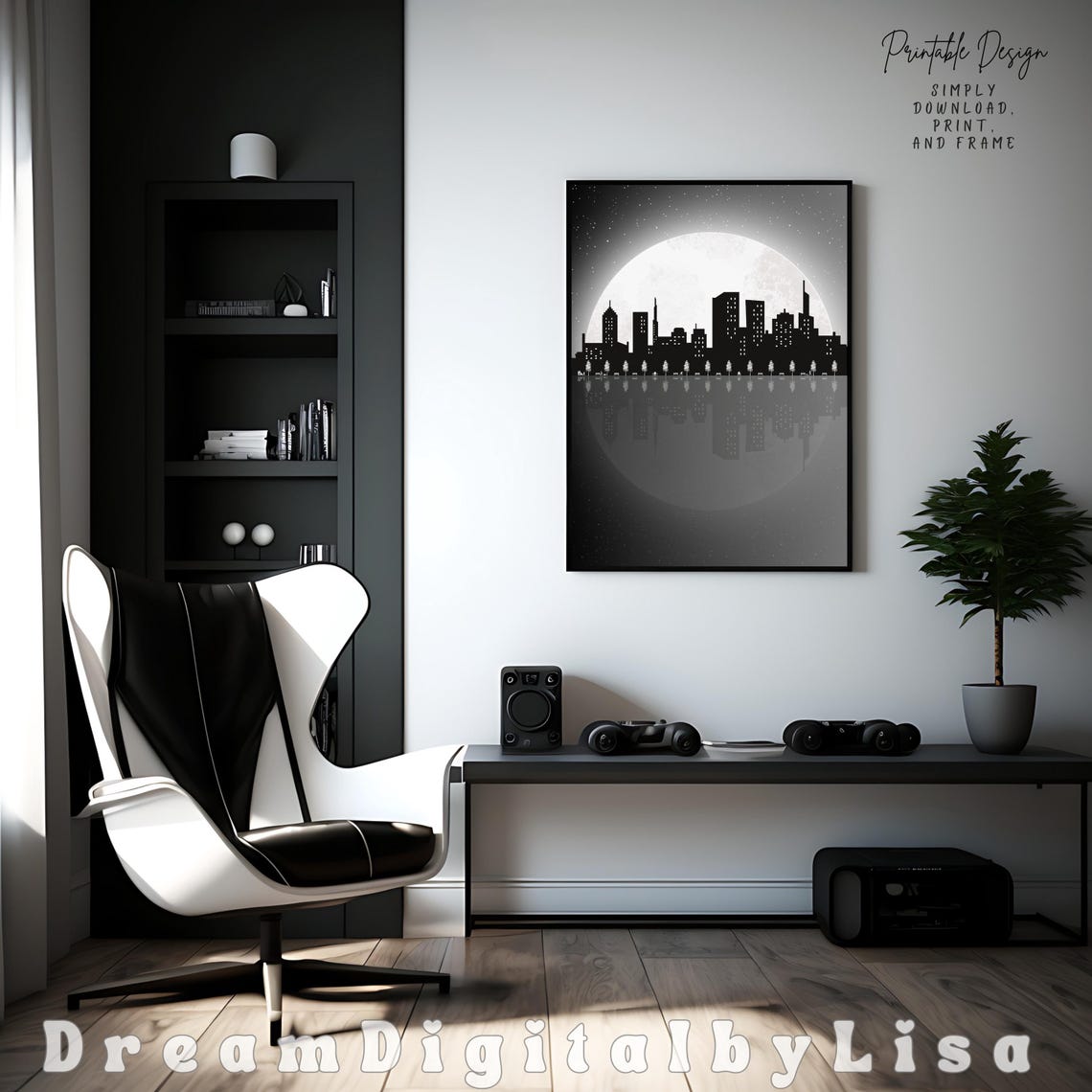 Black And White City Skyline Poster Moonlit Reflection Night City Art - Image 4