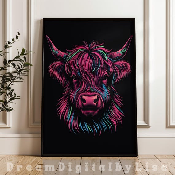 Highland Cow Vibrant Retro Poster Print Highland Cow Lover Gifts Playful Home Decor Scottish Cow Bold Animal Print