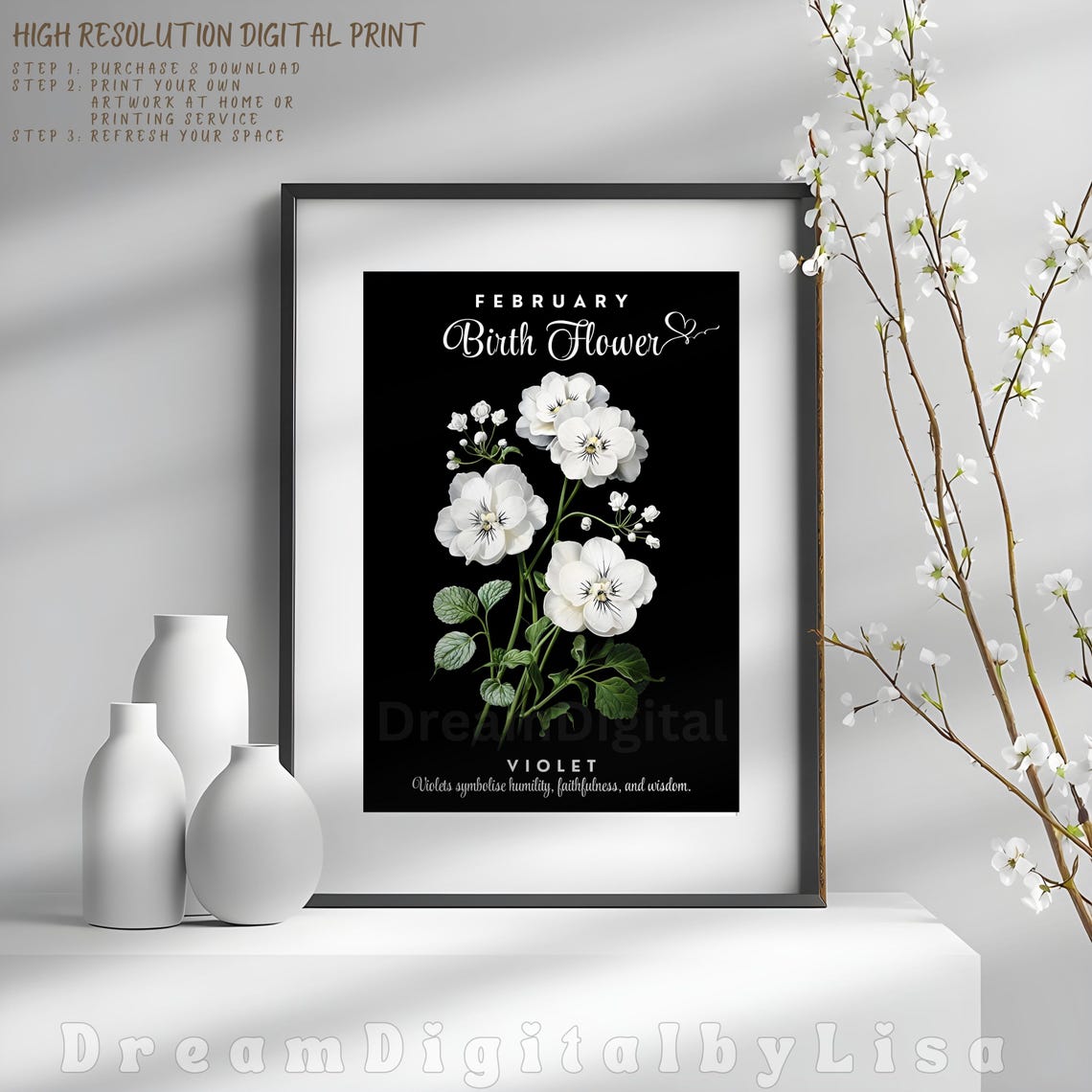 February Birth Flower Violet White Botanical Floral Gift Poster - Image 4