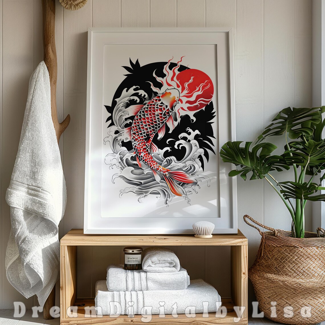 Japanese Red Koi Fish Tattoo Style Rising Sun Wave Art Poster - Image 2