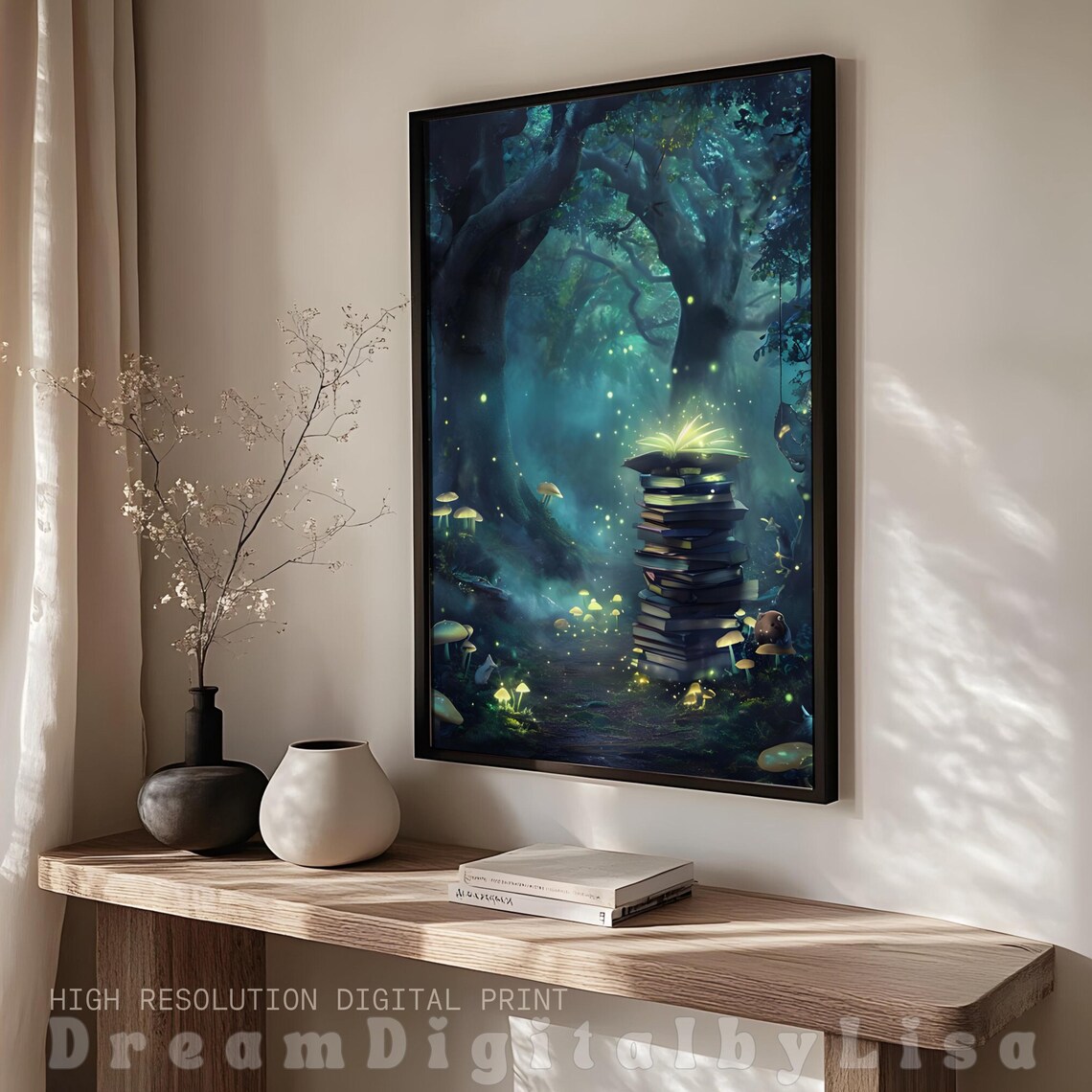 Enchanted Forest Glowing Books Mushrooms Fantasy Reading Poster - Image 2