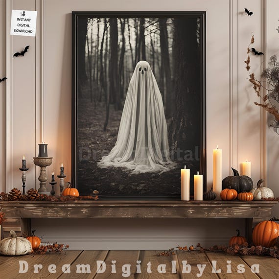Vintage Halloween Ghost In The Woods Print Forest Ghost Artwork Spooky Halloween Fall Autumn Woods Art Moody Dark Academia