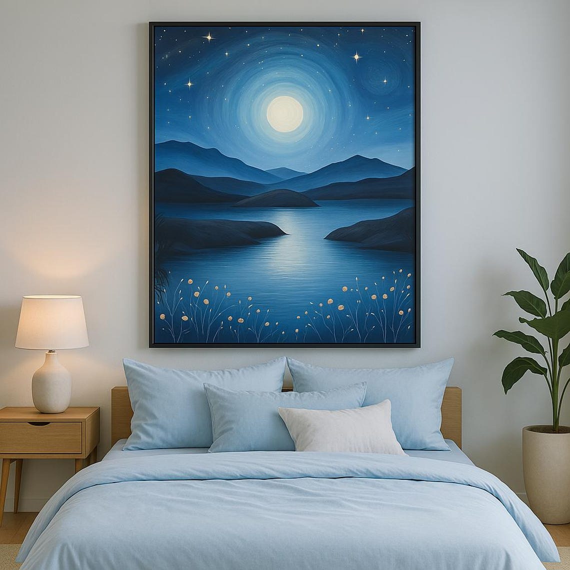 Moonlit Lake Wall Art Starry Night Landscape Print Peaceful Nature Blue Serenity Decor - Image 3