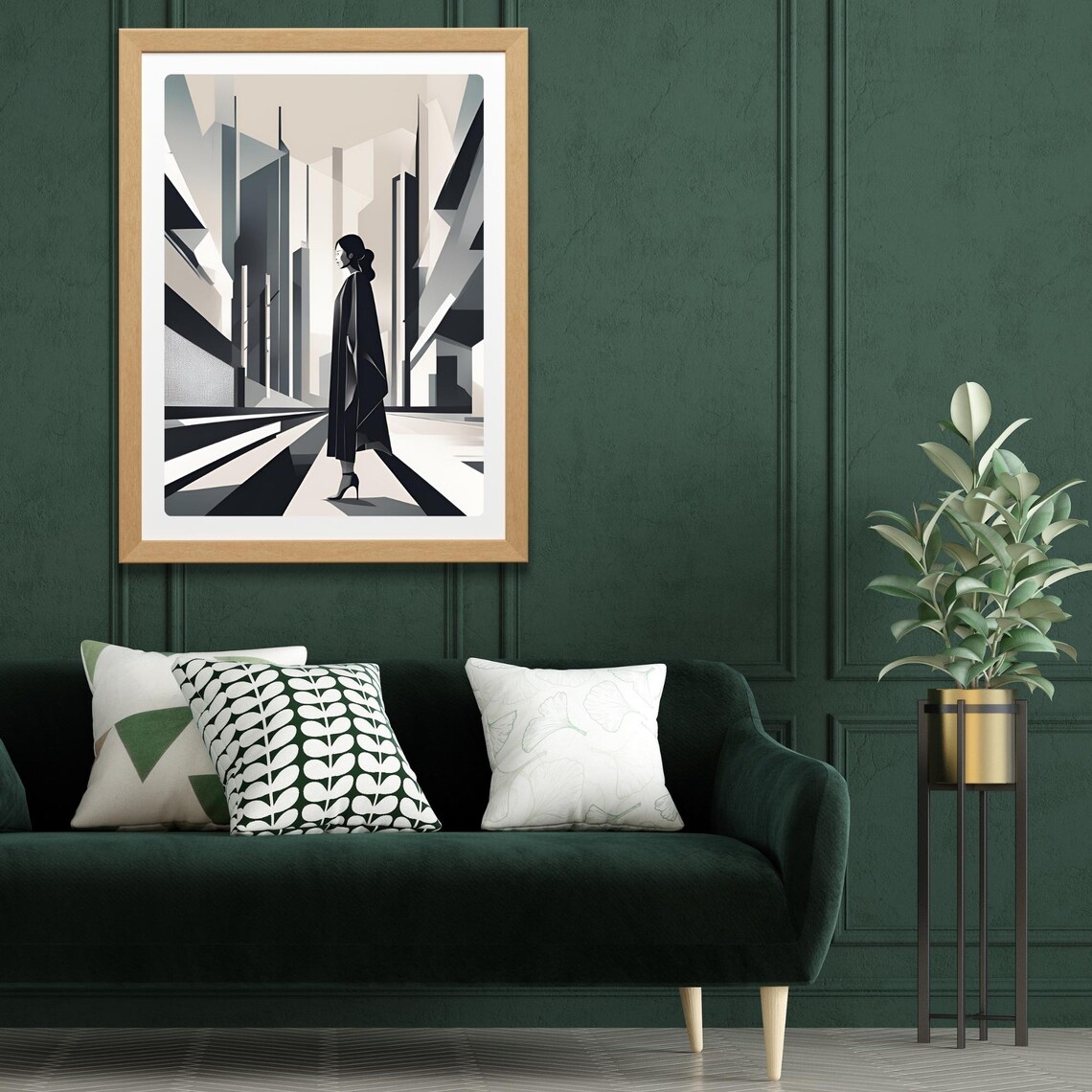 Black White Geometric Woman Walking Through Futuristic City Poster - Image 2
