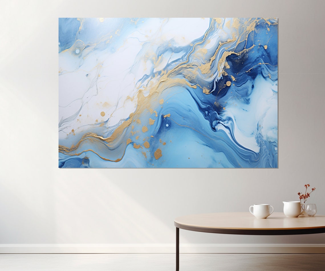 Blue White Marble Gold Veins Ocean Abstract Modern Luxury Poster
