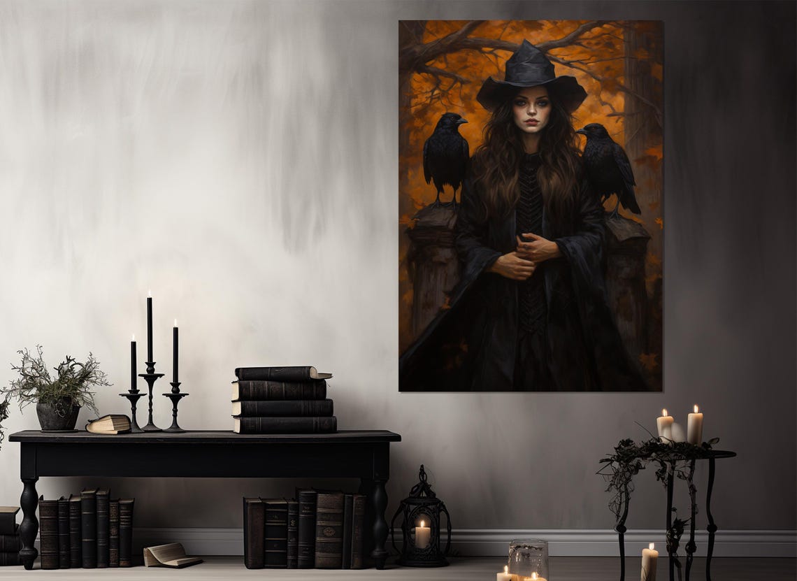 Autumn Witch Black Hat Two Ravens Orange Forest Gothic Fantasy Poster - Image 3