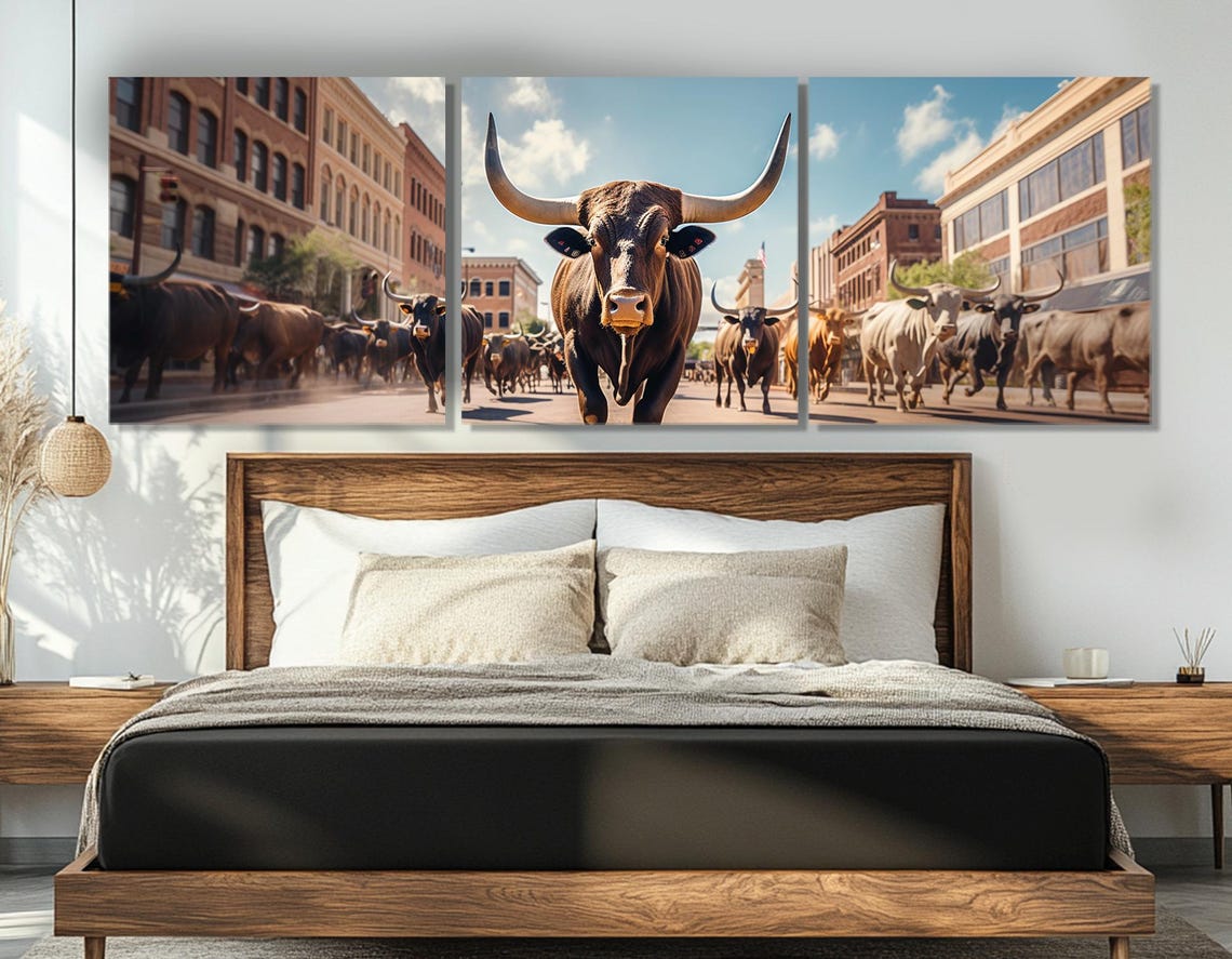 Texas Longhorn Cattle Drive Through Downtown Fort Worth Street Poster - Image 4