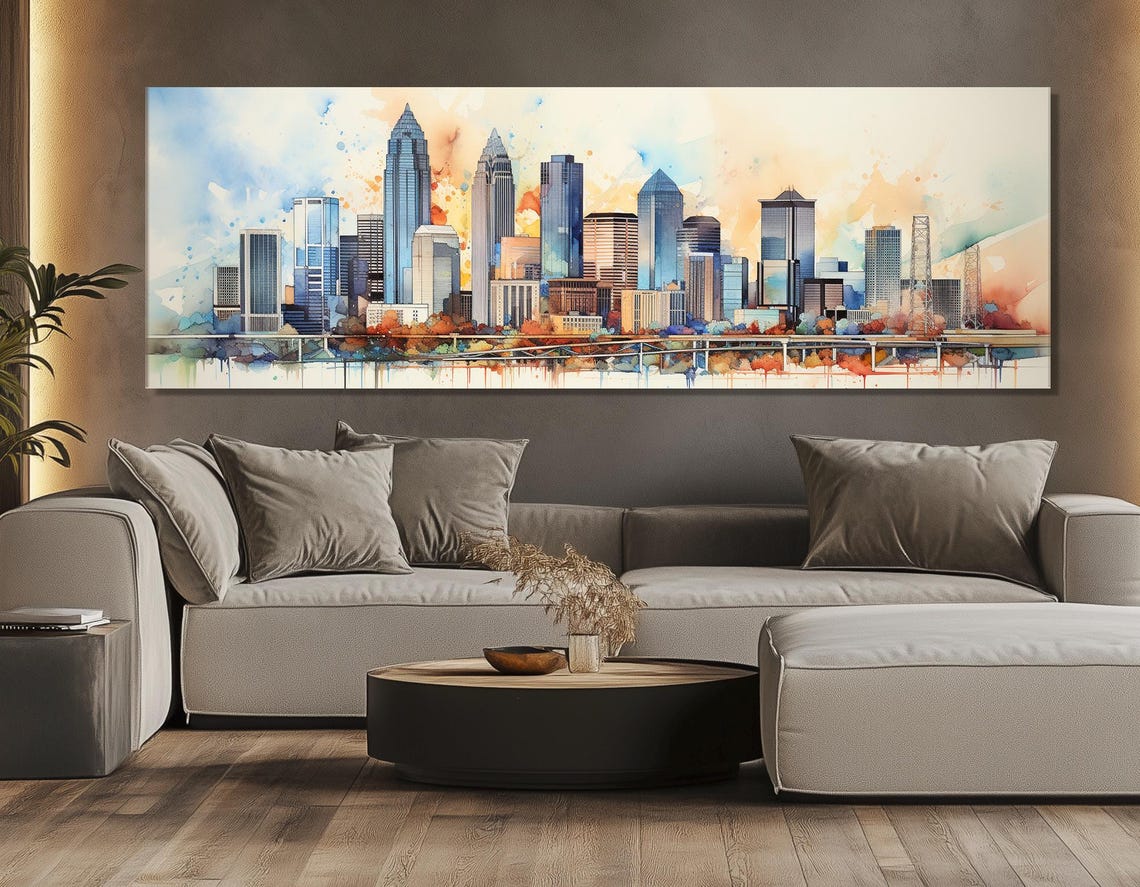 Charlotte Skyline In Colorful Watercolor Style Modern Cityscape Poster - Image 2