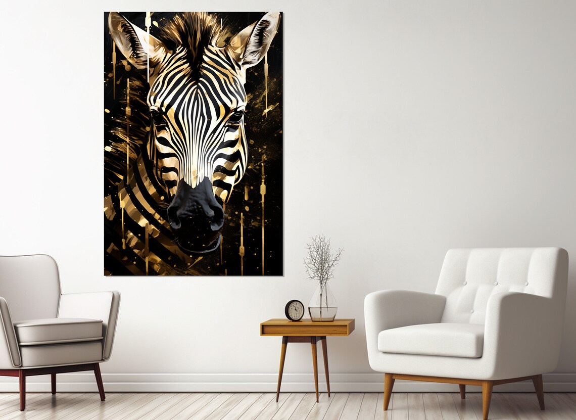 Zebra Portrait Black Gold Stripes Dramatic Vertical Wildlife Wall Art Print - Image 3