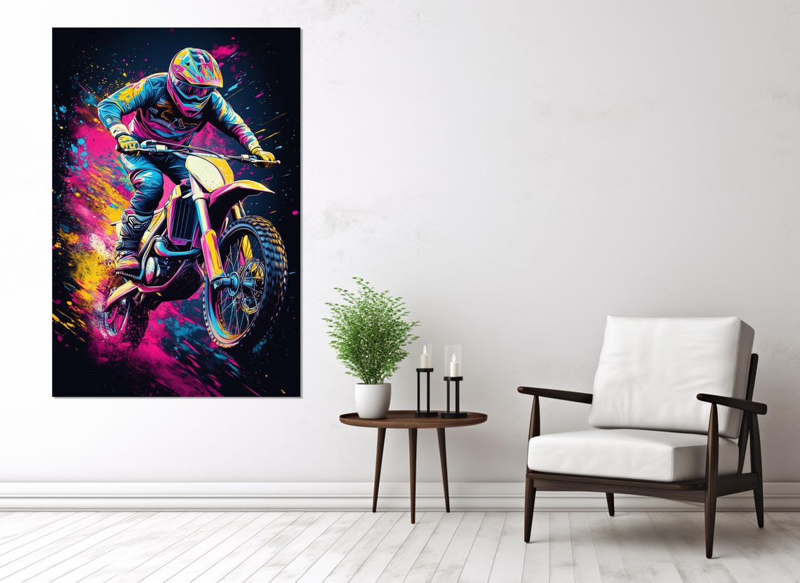 Motocross Rider Neon Night Jump Pink Blue Splash Dirt Bike Poster - Image 2