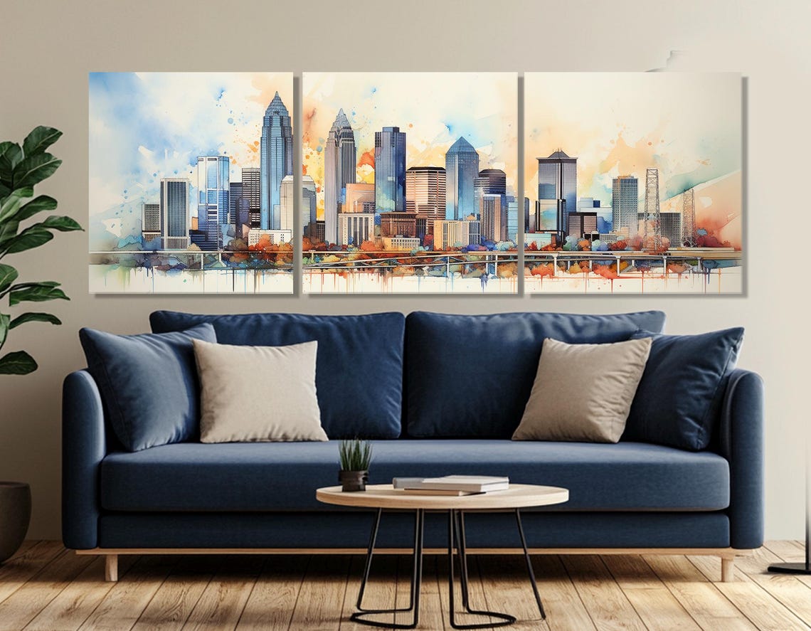 Charlotte Skyline In Colorful Watercolor Style Modern Cityscape Poster - Image 4