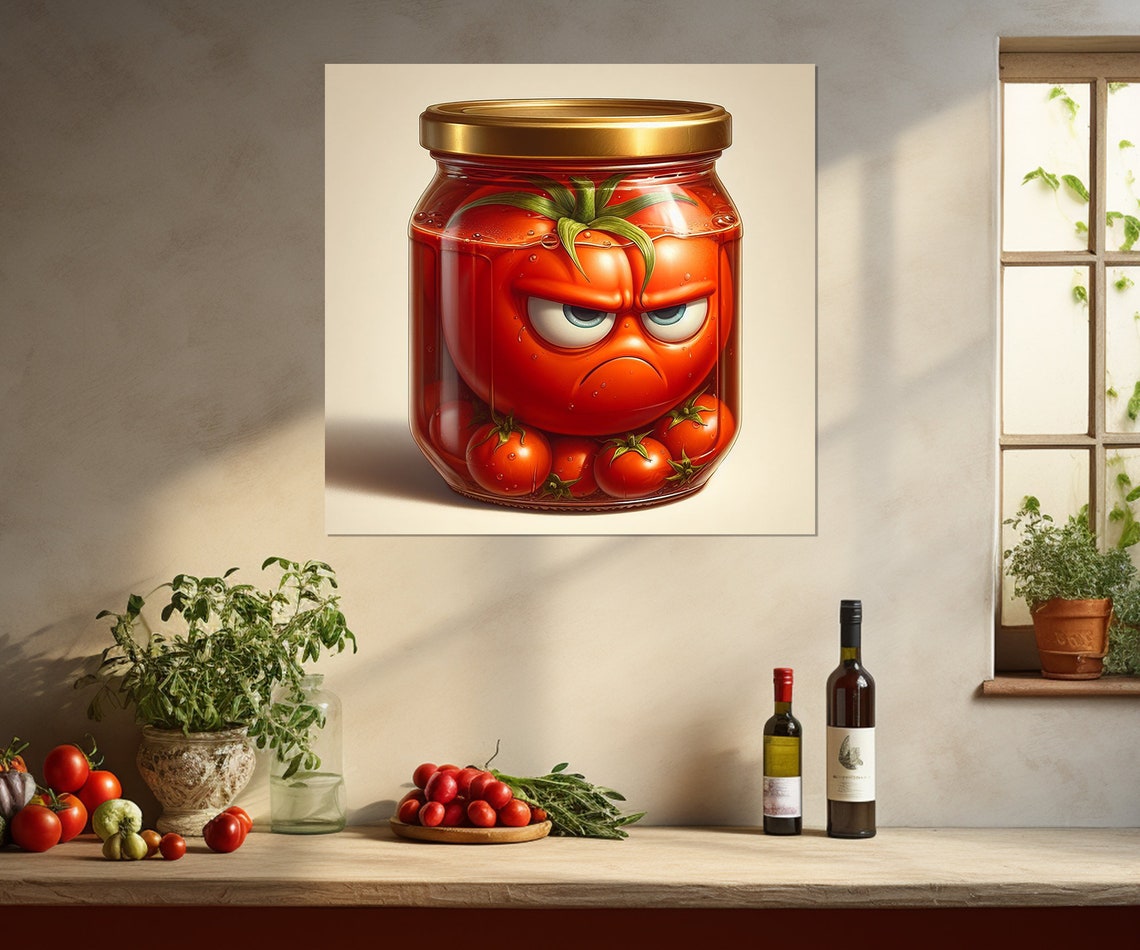 Angry Pickled Tomato Jar Funny Cartoon Vegetable Kitchen Wall Art - Image 2