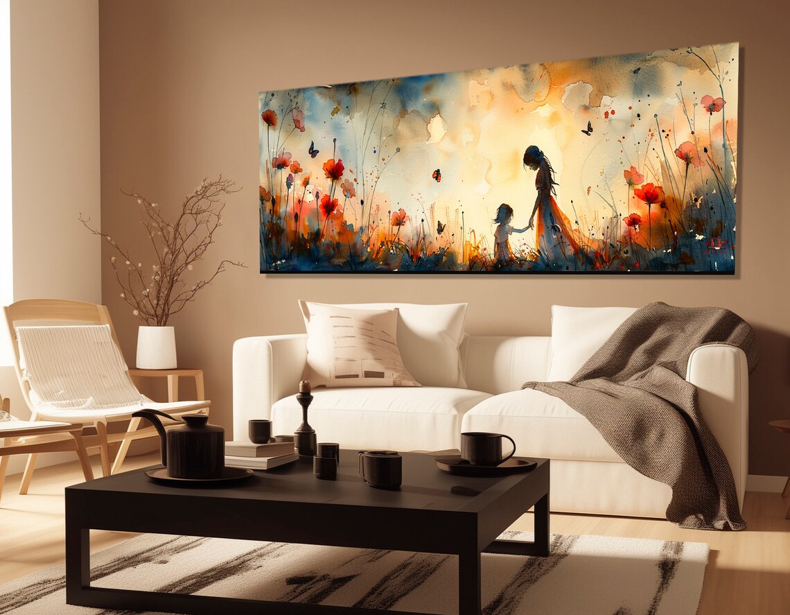 Mother and Daughter in Poppy Field Watercolor Panoramic Wall Art - Image 4