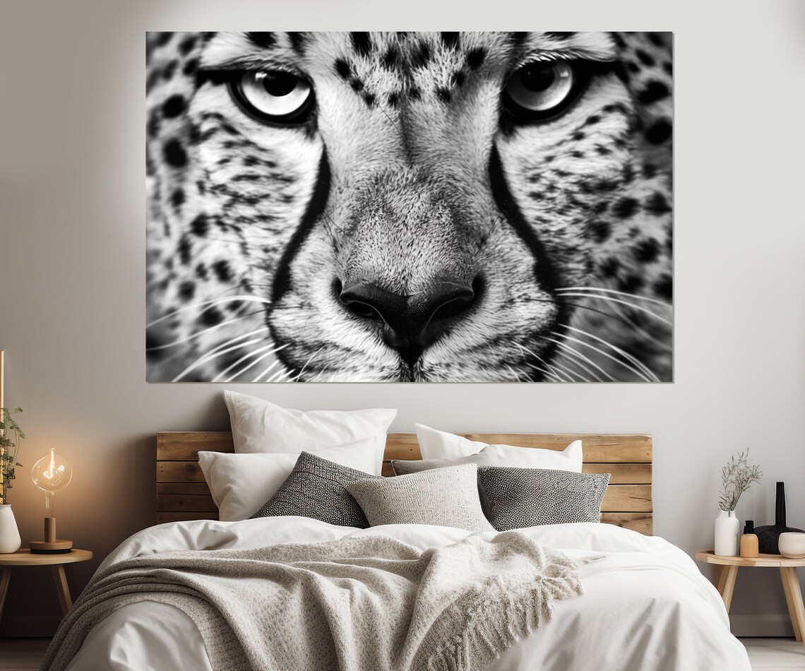 Black White Cheetah Face Close Up Intense Gaze Wildlife Portrait Wall Art - Image 3