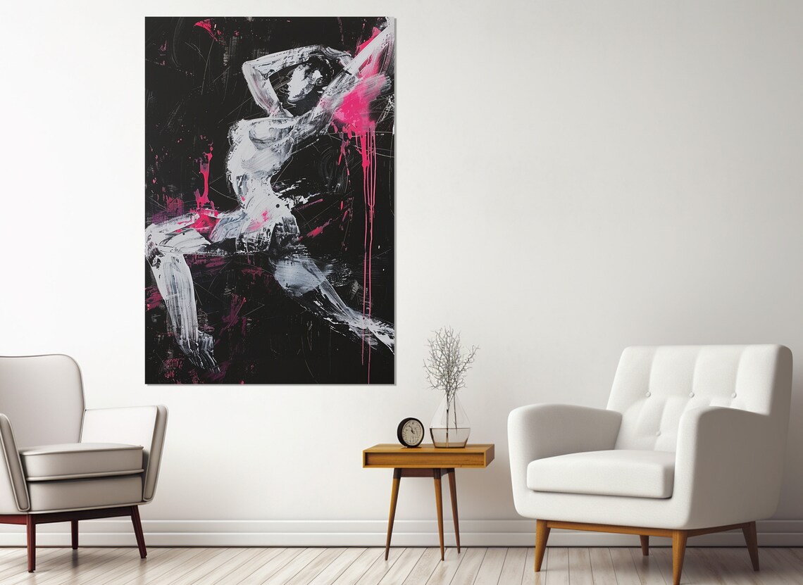 Abstract Dancer Figure White Pink Gestural Paint Black Dance Art Poster - Image 2