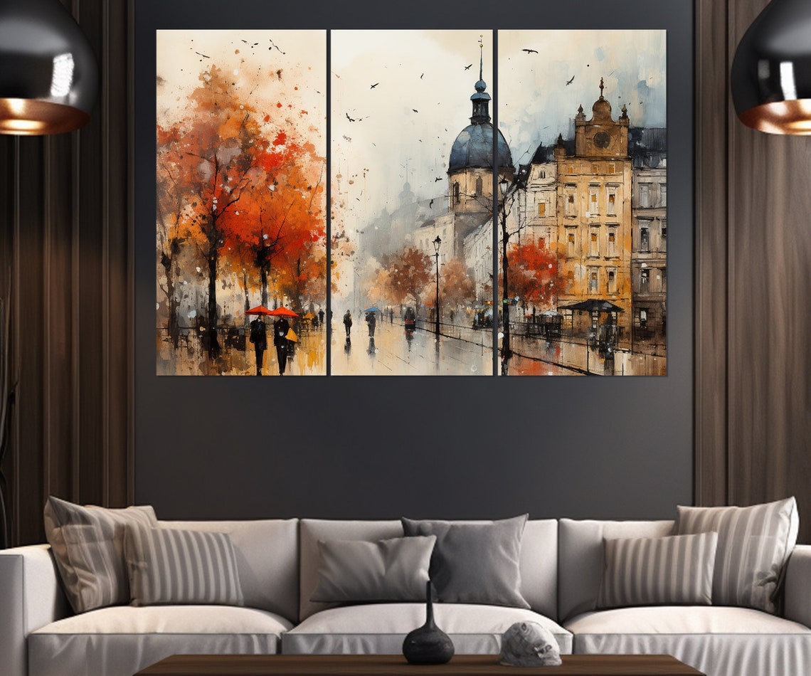 Krakow Old Town Rainy Autumn Street Five Panel Split Canvas Poster - Image 2