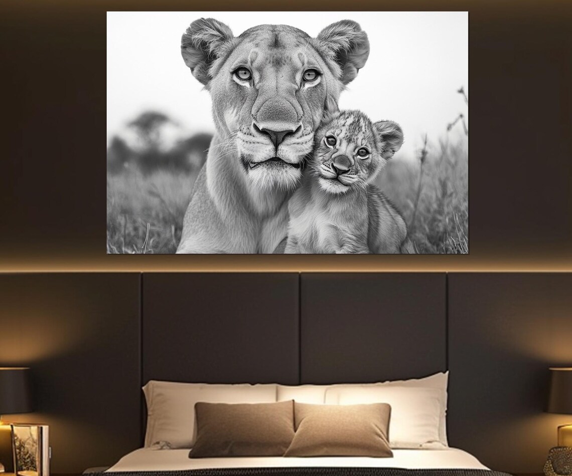 Lioness And Baby Lion Black And White Tender Wildlife Portrait Poster