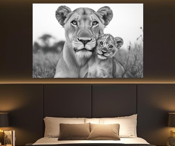 Lioness And Baby Lion Black And White Tender Wildlife Portrait Poster