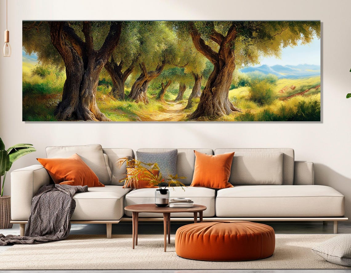Majestic Ancient Olive Trees Green Meadow Path Panoramic Poster