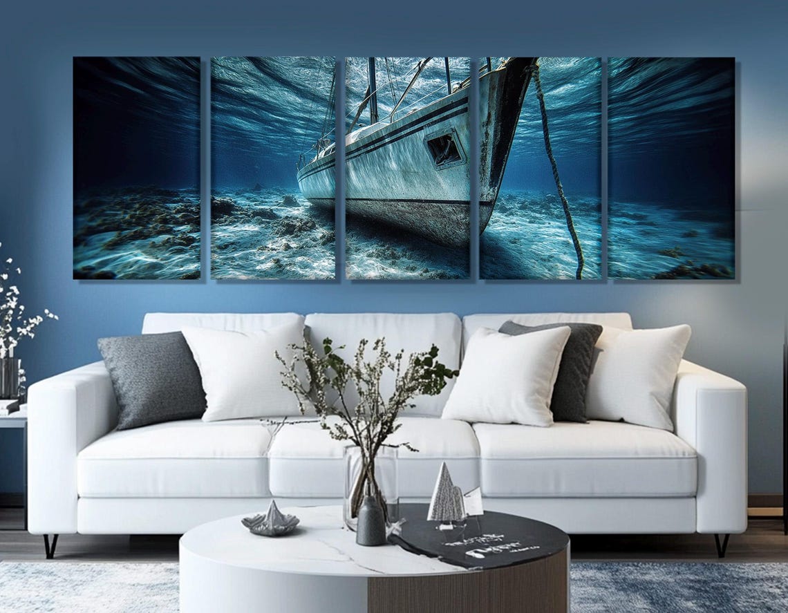 Sunken Yacht Shipwreck Deep Blue Underwater Seabed Diver Art Poster - Image 3