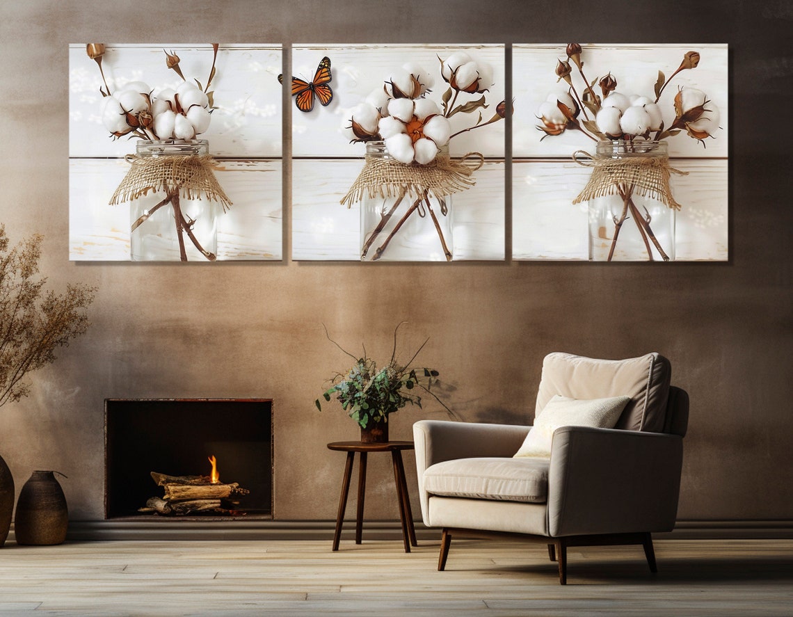 Cotton Flowers In Jars Triptych Farmhouse Rustic Butterfly Print