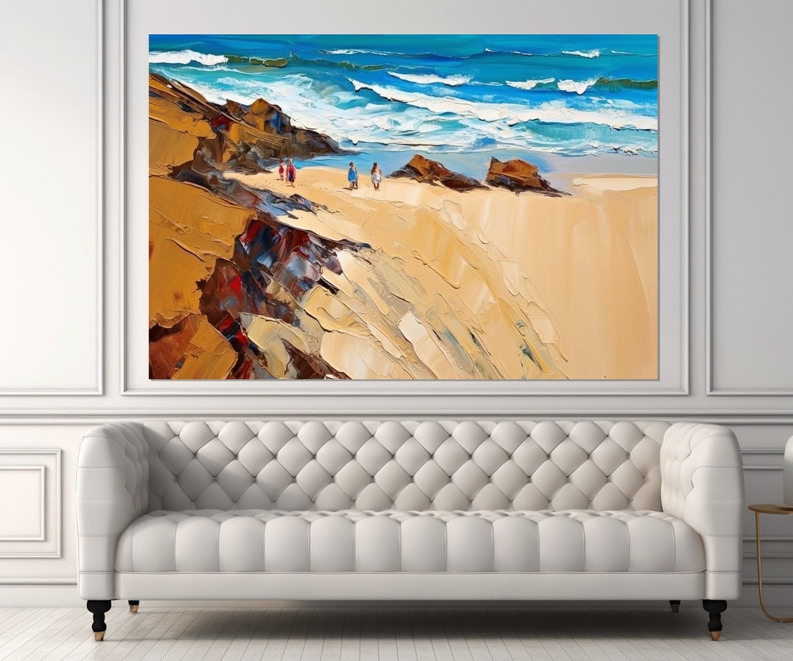 Golden Sandy Beach Turquoise Waves Rocky Cliffs Ocean Art Poster