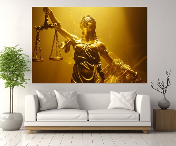 Golden Lady Justice Holding Scales Dramatic Glow Lawyer Office Decor Poster