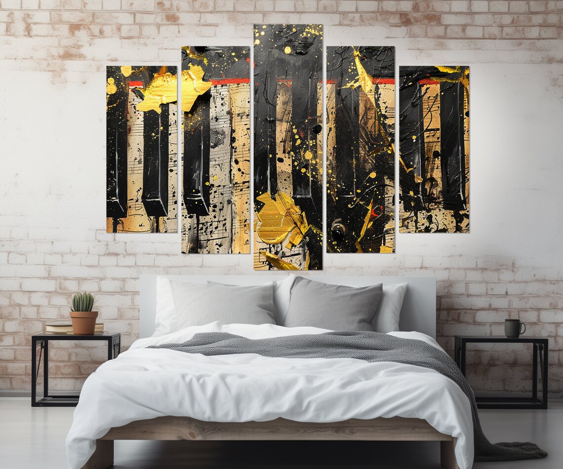 Gold and Black Abstract Piano Keys Painting Sheet Music Jazz Wall Art Poster - Image 3