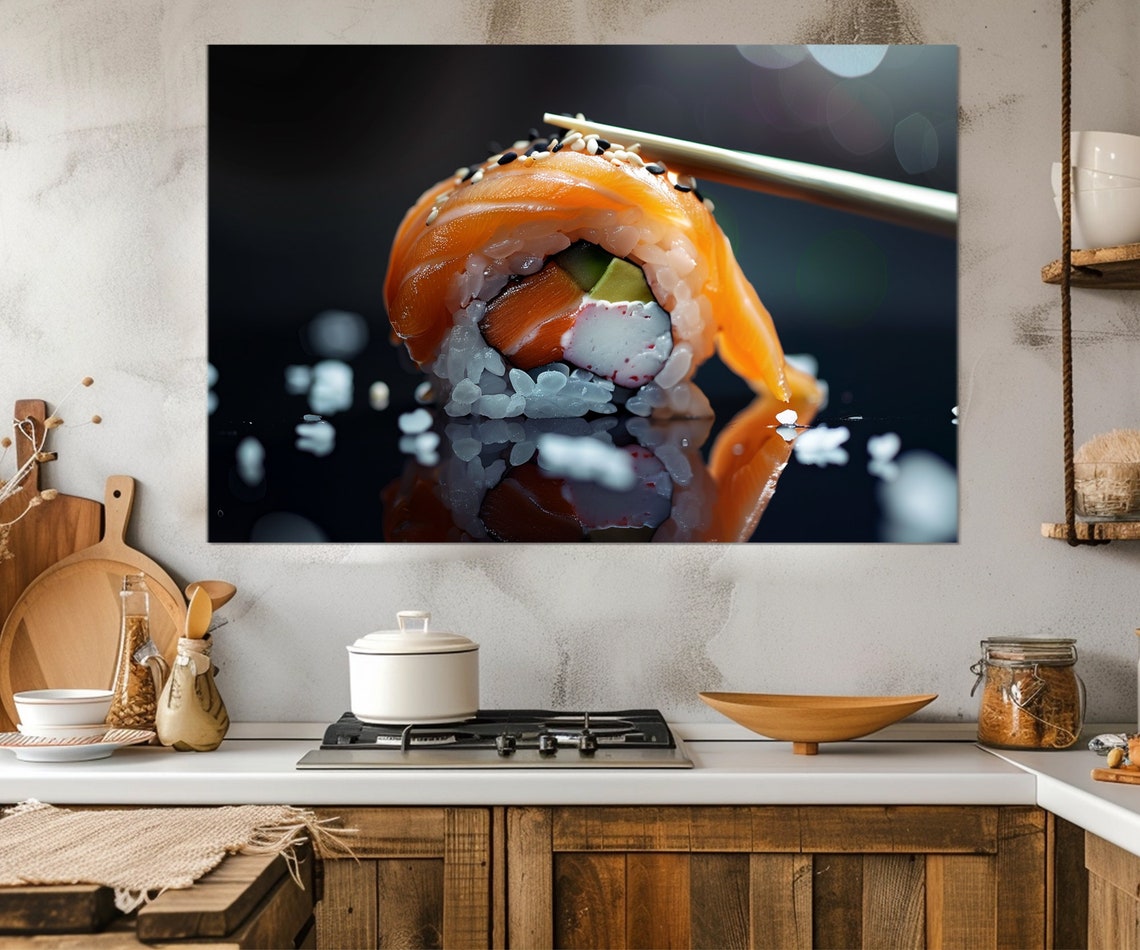 Salmon Sushi Roll Photo Chopsticks Dark Background Kitchen Poster