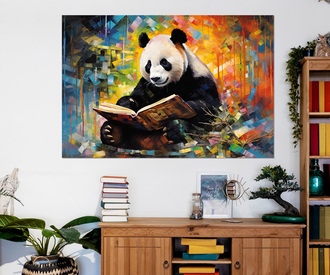 Giant Panda Reading A Book Against A Colorful Background Poster