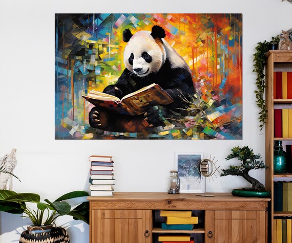 Giant Panda Reading A Book Against A Colorful Background Poster