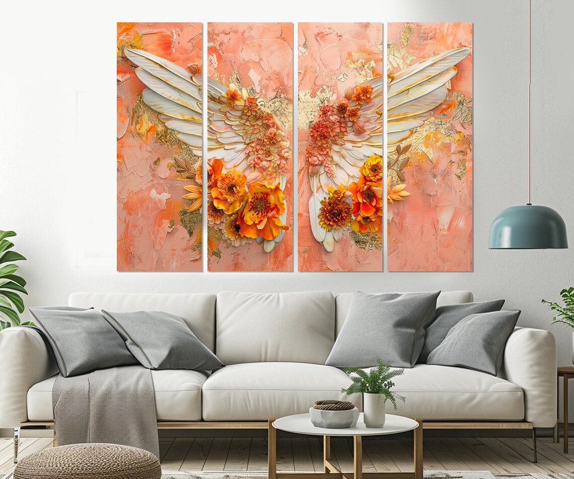 3D Angel Wings Orange Flowers Coral Texture Dreamy Feminine Wall Poster - Image 2