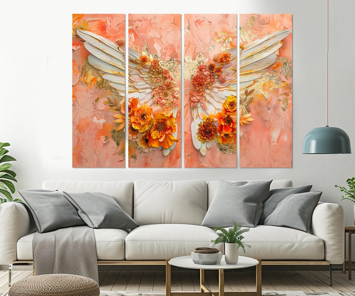 Angel Wings Painting Print Roman Catholic Wall Art Angel Wings In Flowers Painting Religious Wall Art Framed And Ready To Hang - Image 2