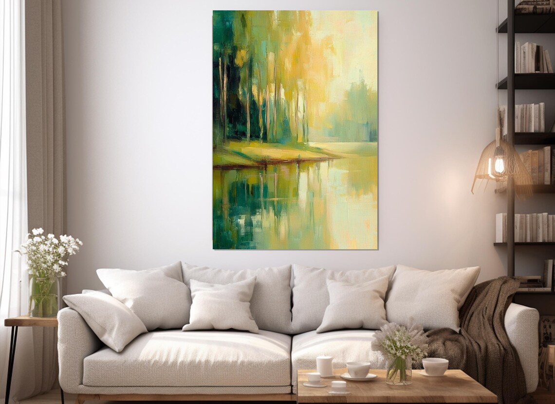 Impressionist Serene Landscape Painting Print Abstract Forest Wall Art Green Abstract Wall Decor Framed And Ready To Hang - Image 2