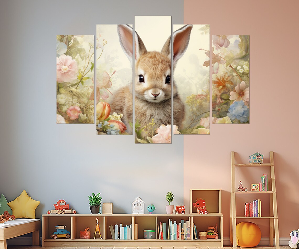 Cute Bunny Rabbit Among Spring Flowers Nursery Kids Room Art Poster - Image 2