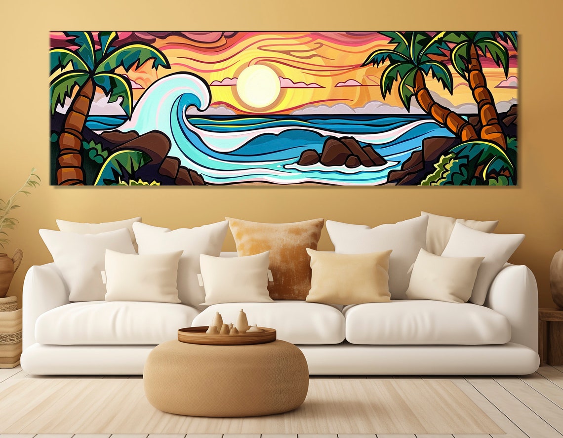 Tropical Beach Sunset Palm Trees Big Wave Colorful Pop Poster