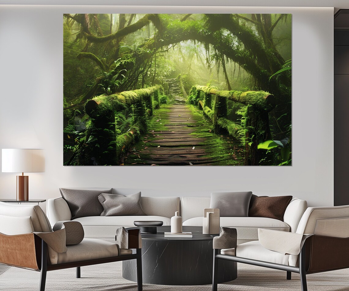 Bamboo Bridge Over River, Tropical Forest Art Print