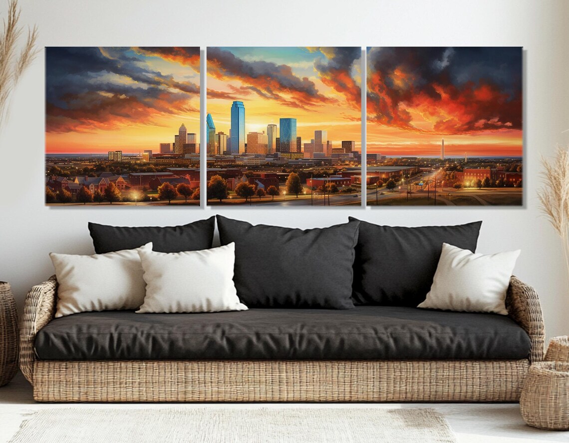 Oklahoma City Sunset Skyline With Fiery Orange Clouds Painting Poster - Image 4