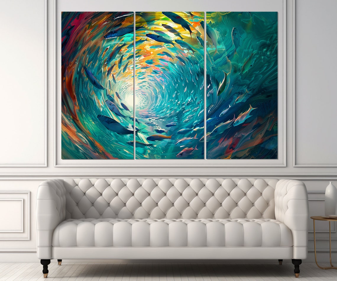 School Of Fish Swirling Ocean Vortex Turquoise Abstract Painting Print - Image 4