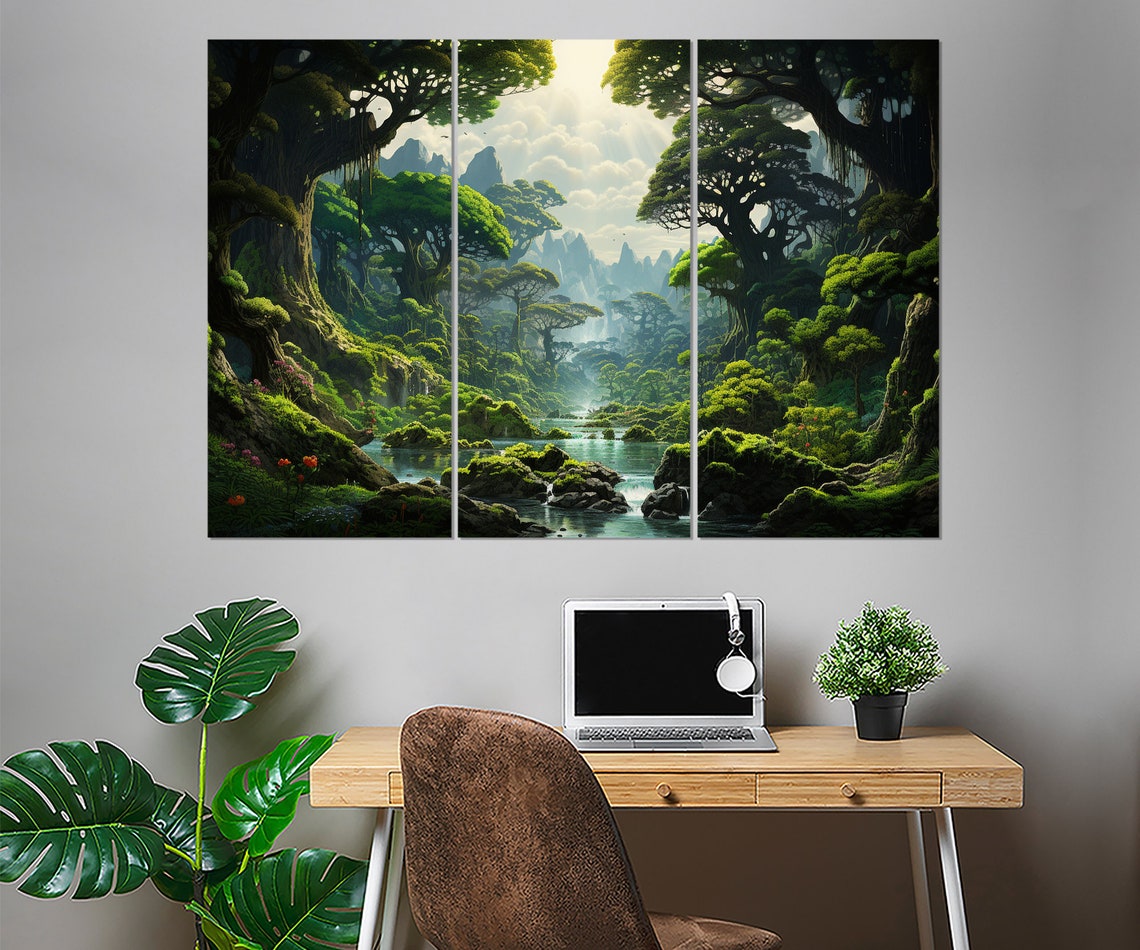 Enchanted Fantasy Forest River Mossy Trees Jungle Painting Wall Art - Image 3