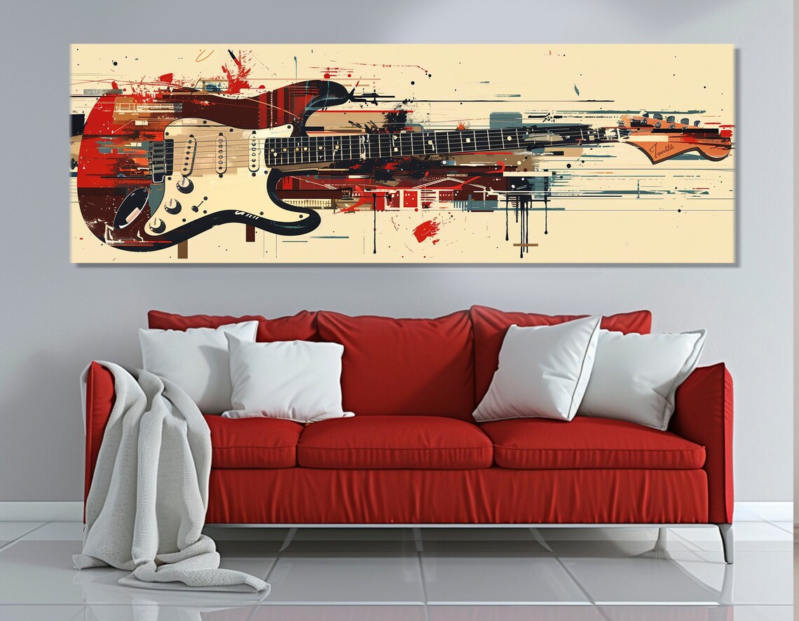Red Electric Guitar Abstract Panoramic Pop Art Music Painting Wall Decor Print
