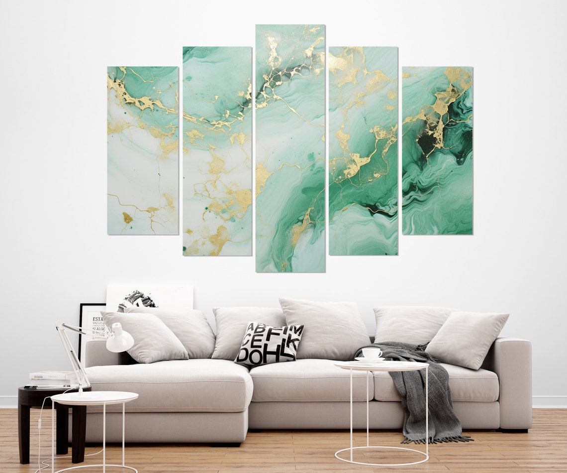 Green White Marble Gold Swirls Luxury Abstract Modern Wall Art Poster - Image 3