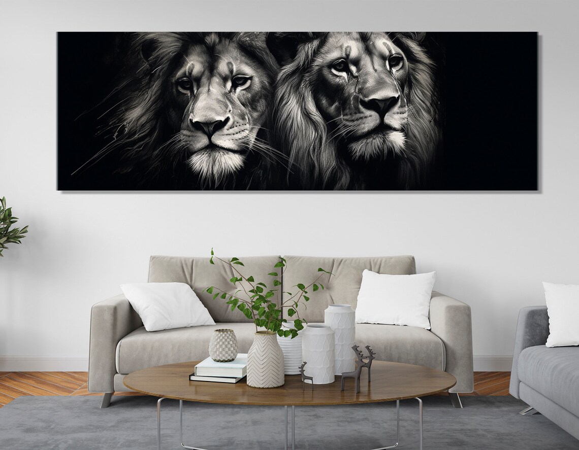 Two Lions Black And White Portrait Majestic Panoramic Wildlife Art Poster