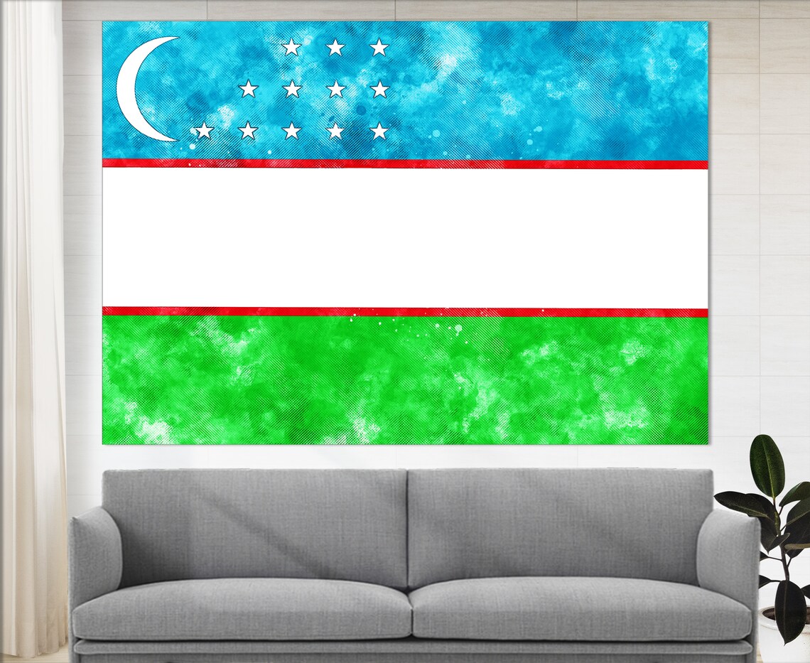 Uzbekistan Flag Grunge Watercolor Crescent Twelve Stars Poster