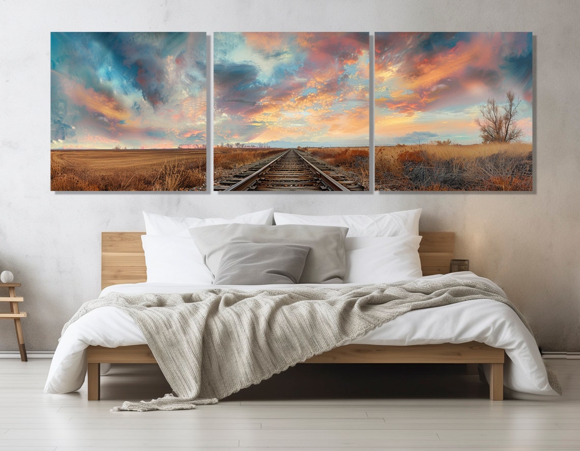 Railroad Tracks Field Dramatic Sunset Cloudscape Colorful Sky Wall Art - Image 3
