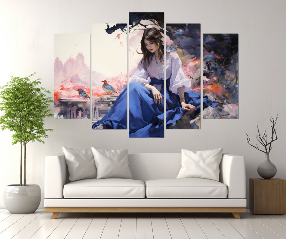 Japanese Beauty Blue Birds Blossom Garden Oriental Painting Poster - Image 3