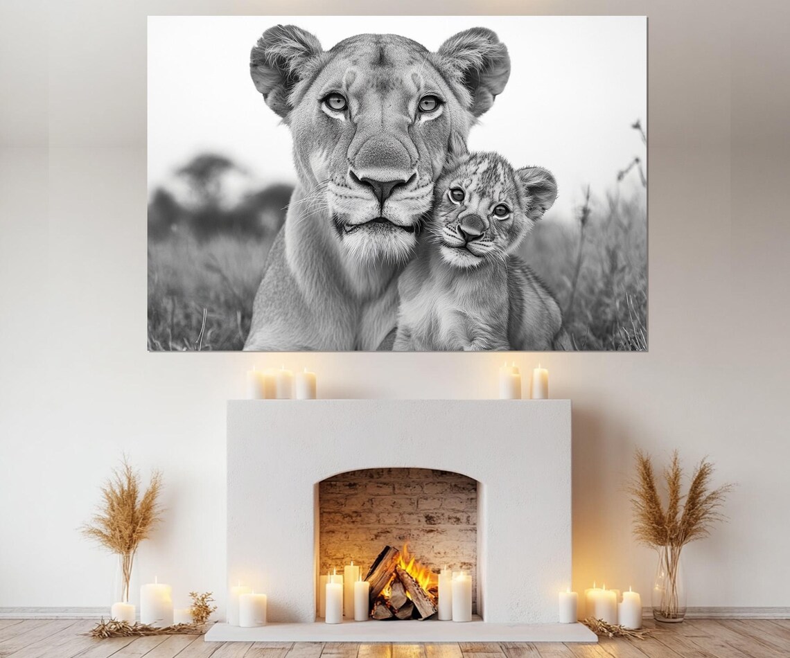 Lioness And Baby Lion Black And White Tender Wildlife Portrait Poster - Image 2