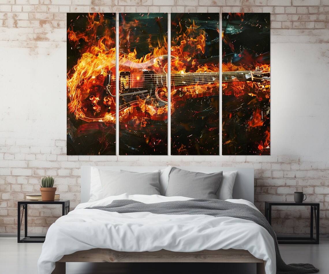 Electric Guitar Engulfed in Flames Fiery Rock Music Painting Dramatic Wall Art Poster - Image 2