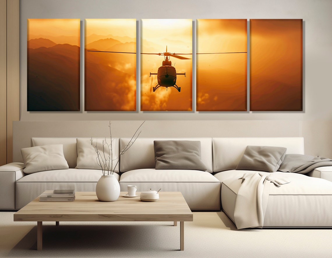 Helicopter Silhouette Flying Golden Sunset Mountain Aircraft Wall Art - Image 3