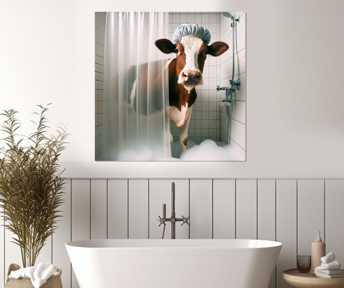 Funny Cow Wearing Shower Cap Standing in Shower Bathroom Animal Poster - Image 3